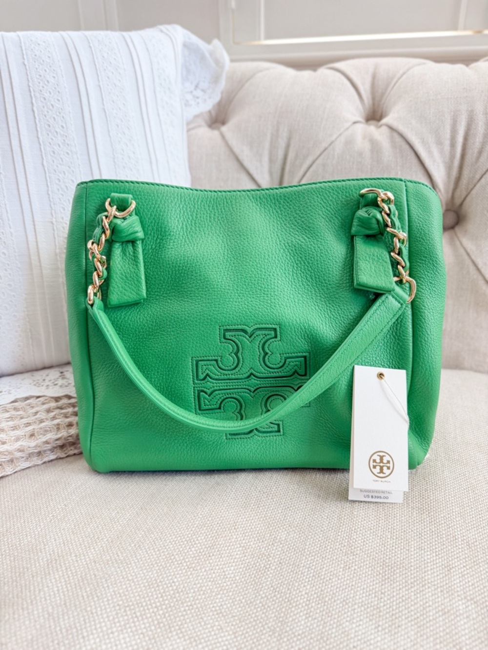 Tory Burch Green Pebbled Leather Satchel with Gold Chain
